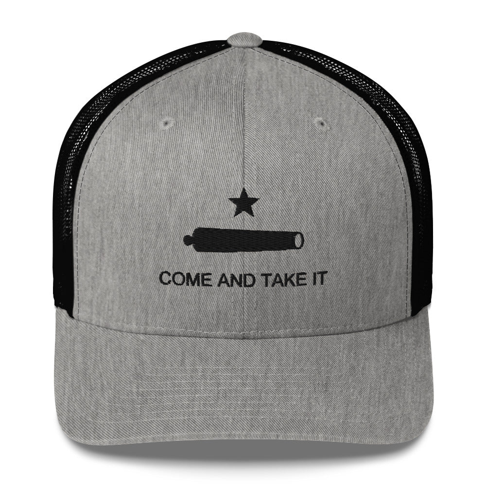 Come and Take It heather and black trucker cap