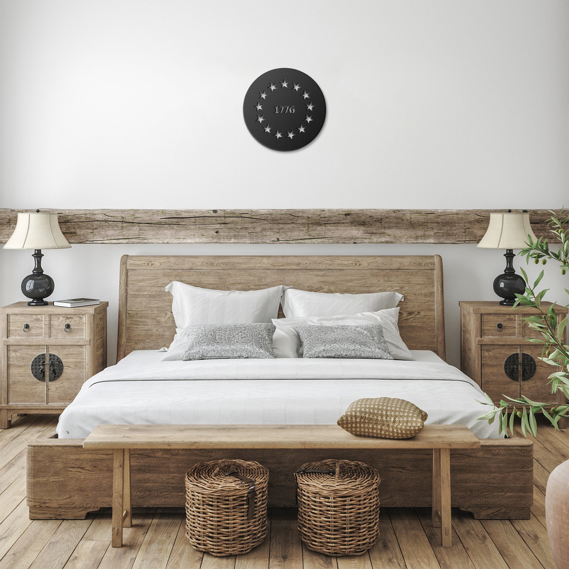 1776 patriotic metal sign with stars over bed